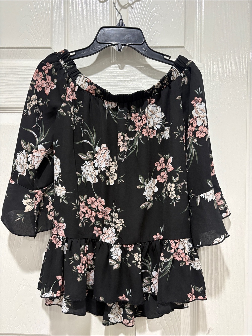 Floral Off-Shoulder Black Blouse with Pink & White Blooms